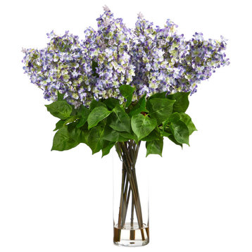 24in. Artificial Lilac Arrangement with Cylinder Glass Vase