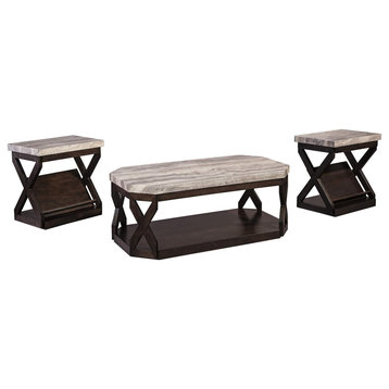 3 Pieces Coffee Table Set, X-Shaped Sides & Elegant Faux Marble Top, Gray/Brown