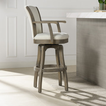 Williams Swivel Bar and Counter Stool with Armrests, Natural White Linen, Bar Height