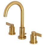 Kingston Brass - Widespread Bathroom Faucet, Brass Pop-Up, Brushed Brass - The chic fashion of this faucet is distinguished by its expressive artistry and flat, ergonomic levers. Ideal for more spacious bathrooms, widespread faucets are more spread apart and feature a 3-hole installation. The NuvoFusion 8 in. widespread bathroom faucet with brass pop-up and its featured sturdy brass construction and premium brushed brass finish are guaranteed to glamorize your home's modern ensemble for years to come. Revive the obsolete with the illustrious prestige of this fixture. A matching finish drain is also included.