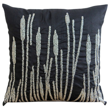 Black Beaded Millet Grass Design 24"x24" Silk Shams, Black Beauty