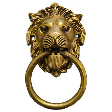7" Lion Head Door Knocker, Polished Brass Un-Lacquered