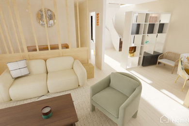 Inspiration pour un salon blanc et bois traditionnel ouvert avec parquet clair, un poêle à bois et un sol beige.