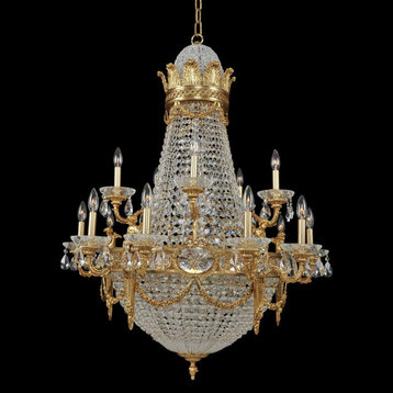 25 Light 36" Crystal Chandelier, Antique Brass With Clear Crystal