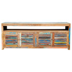 Chic Teak - Chest / Media Center with 4 Doors & Shelf made from Recycled Teak Wood Boats - Be the captain of the ship from the comfort of your own home with this chest made from recycled fishing boats. These are crafted in small rural seaside villages on the island of Java by craftsmen that have often been making furniture for several generations. This piece has its sea legs and is now ready to voyage to your living room or dining room. The wind will always be to your back as you sail for the horizon with this unique piece. The set and drift of this piece is truly one-of-a-kind; no two pieces are alike in the world. 100% Eco-friendly and sustainable for the environment.