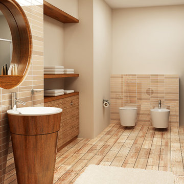Bathroom with wood tile and accents
