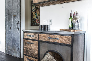 Mid-sized eclectic enclosed dark wood floor and brown floor family room photo in Vancouver with a bar and white walls