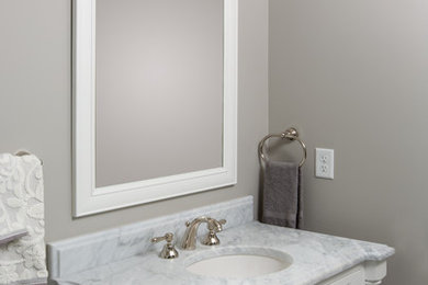 Mid-sized elegant kids' gray tile and stone tile marble floor bathroom photo in Columbus with an undermount sink, beaded inset cabinets, white cabinets, marble countertops and gray walls