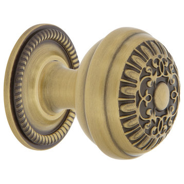 Egg And Dart Brass 1 3/8" Cabinet Knob With Rope Rose, Antique Brass
