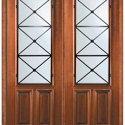 Prehung Double Door 96 Wood Mahogany Republic 2/3 Lite Wrought Iron - Front Doors