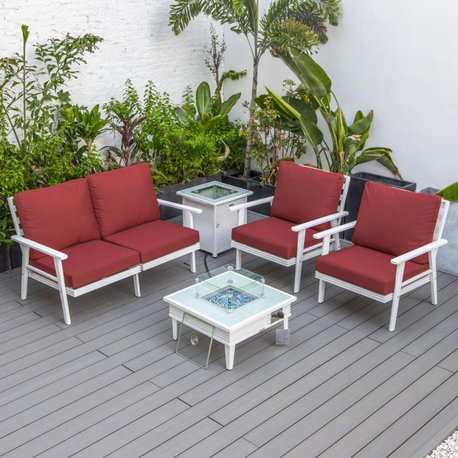 Modern White Patio Conversation With Fire Pit With Slats Design & Tank Holder