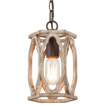 LNC Farmhouse 1-Light Distressed wood and rusty bronze Cylinder Mini Chandelier
