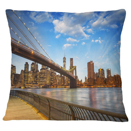 Calm Sky Over Brooklyn Bridge Cityscape Photo Throw Pillow, 18"x18"