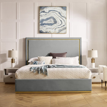 Inspired Home Marceline Bed Upholstered, Gray Velvet King