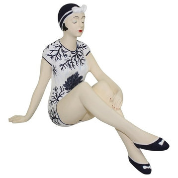 Retro Bathing Beauty Swimsuit Model Figurine, Art Deco Woman Statue, Blue/White