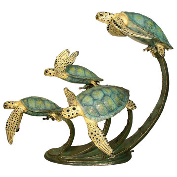 Four Swimming Sea Turtles  Bronze Sculpture, Special Patina Finish