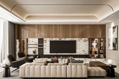 Example of a trendy open concept marble floor, beige floor, vaulted ceiling and wall paneling living room design in Other