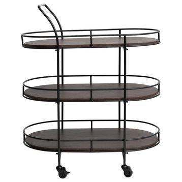 Modern Metal Bar Cart with Wood Lined Shelves, Black and Brown