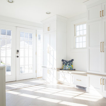 All White Transitional Kitchen with Herringbone Wood Floor