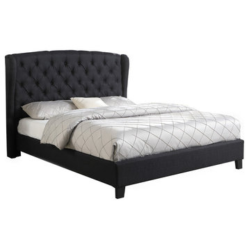 Frances Upholstered Linen Blend Platform Bed, Black, Queen