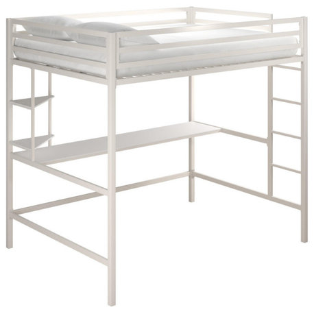 Novogratz Maxwell Metal Loft Bed With Desk & Shelves, White, Full