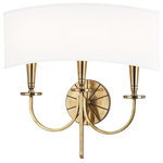 Hudson Valley Lighting - Mason, Three Light Wall Sconce, Aged Brass Finish, White Faux Silk Shade - Though Mason's inspiration is rooted in history, this collection forges new territory at the crossroads of tradition and modernity. While the wheel spoke motif evokes America's frontier past, the geometric purity of the chandelier's plumb bob column and conical socket holders suggests kinship with mid-century modern design.