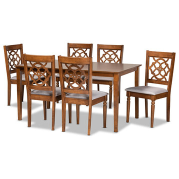Roerick Contemporary Gray Fabric and Walnut Brown Wood 7-Piece Dining Set