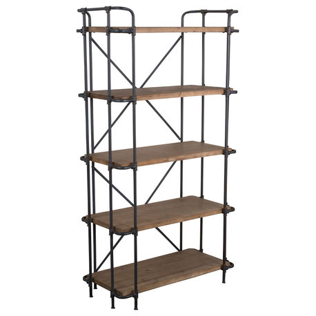 Industrial 5-Shelf Bookcase with Pipe-Style Metal Frame & Antique Wood Finish