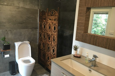 Inspiration for a contemporary bathroom in Central Coast with medium wood cabinets, an open shower, white tile, porcelain tile, engineered quartz benchtops, an open shower, a one-piece toilet, grey walls and grey floor.