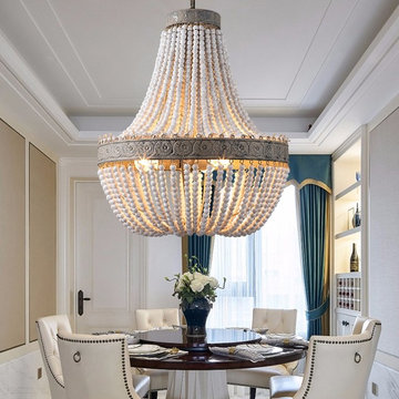 Vintage Retro 3-Light White Washed Aged Wood Beads Chandelier