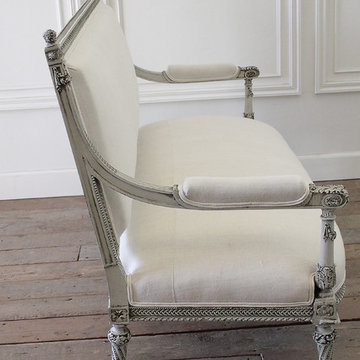 19th Century Painted Rose Carved Louis XVI Style Settee in Belgian Linen