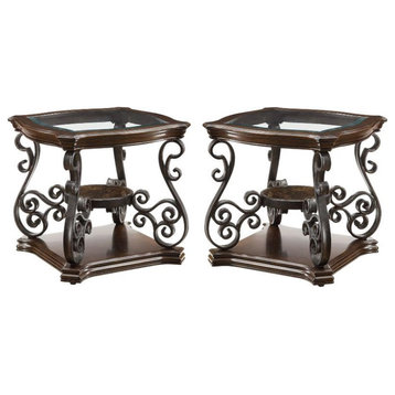 Home Square Glass Top Accent End Table in Deep Merlot - Set of 2