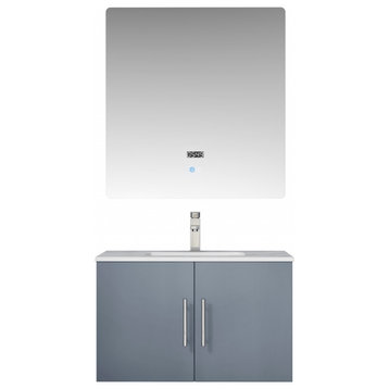 30" Gray Bathroom Vanity With Sink, White Marble, Wall Mount