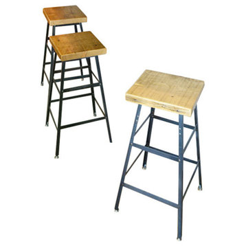 Reclaimed Wood And Steel Industrial Bar Stools. Set of 3, 18x16x16, Antique Oak