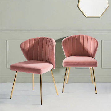 4 Pack Dining Chair, Elegant Gold Legs With Velvet Seat Channeled Back, Pink
