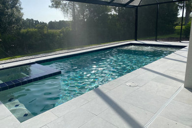 Large backyard stone and rectangular pool photo in Tampa