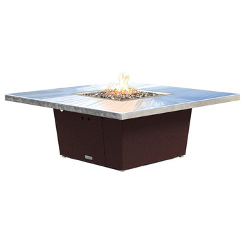 Square Fire Pit Table, Large 56x56, Natural Gas, Brushed Aluminum Top, Dark Cher