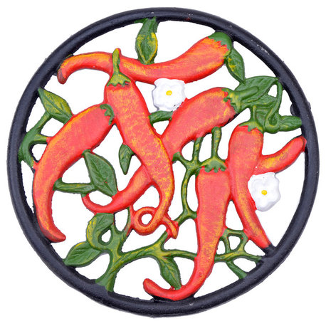 Decorative Cast Iron Trivet, Hot Chilli Peppers, 7" Wide
