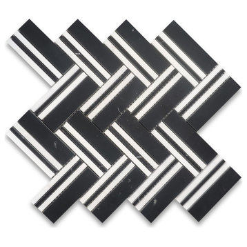 Nero Marquina Black Marble Thassos White 1x4 Herringbone Tile Honed, 1 sheet