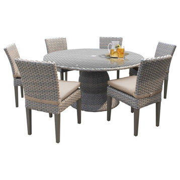 Oasis 60" Round Glass Top Patio Dining Table with 6 Chairs in Wheat