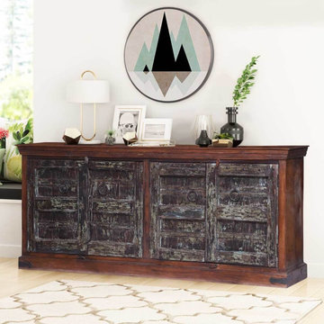 Fairfield Rustic Reclaimed Wood Old Door 86" Extra Large Buffet Cabinet