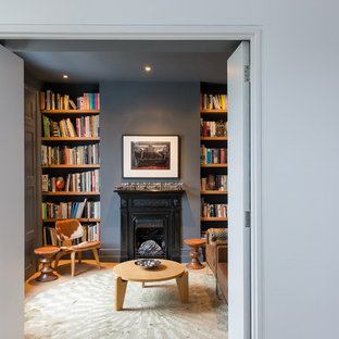 Idéer för ett litet modernt separat vardagsrum, med ett bibliotek, blå väggar och en standard öppen spis