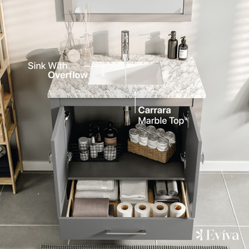 Eviva London Transitional Bathroom Vanity With White Carrara Top, Gray, 24"
