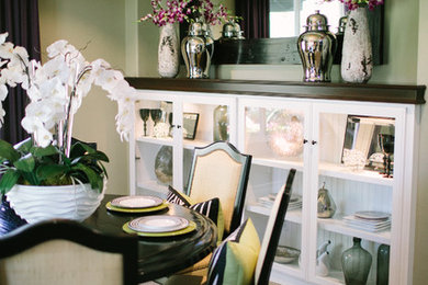 Small transitional carpeted kitchen/dining room combo photo in Orange County with green walls and no fireplace