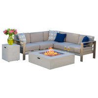 GDF Studio Crested Bay Outdoor Aluminum Framed Sofa Set With Fire Table, Light G