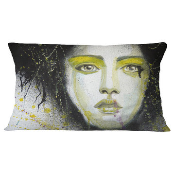Girl With Yellow Eye Line Abstract Portrait Throw Pillow, 12"x20"