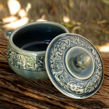 Novica Blue Elephant Forest Celadon Ceramic Covered Bowl