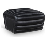 Meridian Furniture - Vega Upholstered Ottoman, Black, Vegan Leather - Indulge in a blend of sophistication and comfort with the Vega black vegan leather ottoman. Draped in velvety soft vegan leather, this ottoman features bold deep channel tufting that creates a dynamic visual contrast. Its contemporary design elevates your space and invites you to experience luxury in every curve. Perfect for making a statement in your living room, office, or lounge, it redefines modern elegance with its unique and captivating style.