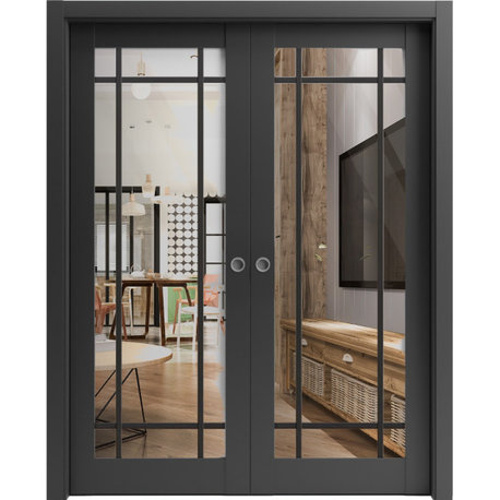 French Double Pocket Doors 60x80 | Lucia 2266 Matte Black | Kit Trims Rail