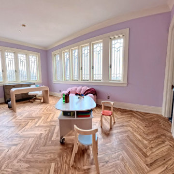 Bright and Playful Kids Bedroom with Custom Herringbone Flooring and Natural Lig